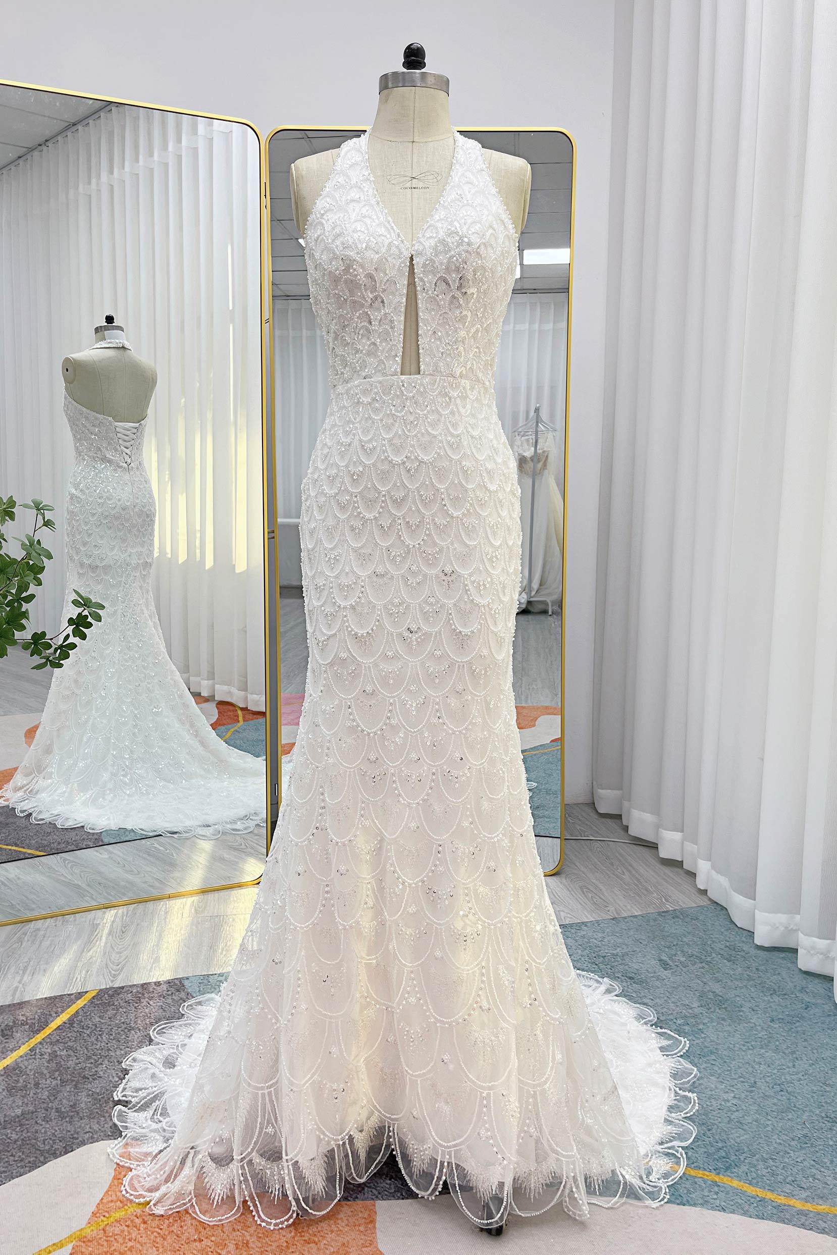Trumpet-Mermaid Court Train Lace Tulle Wedding Dress CW3252 - COCOMELODY